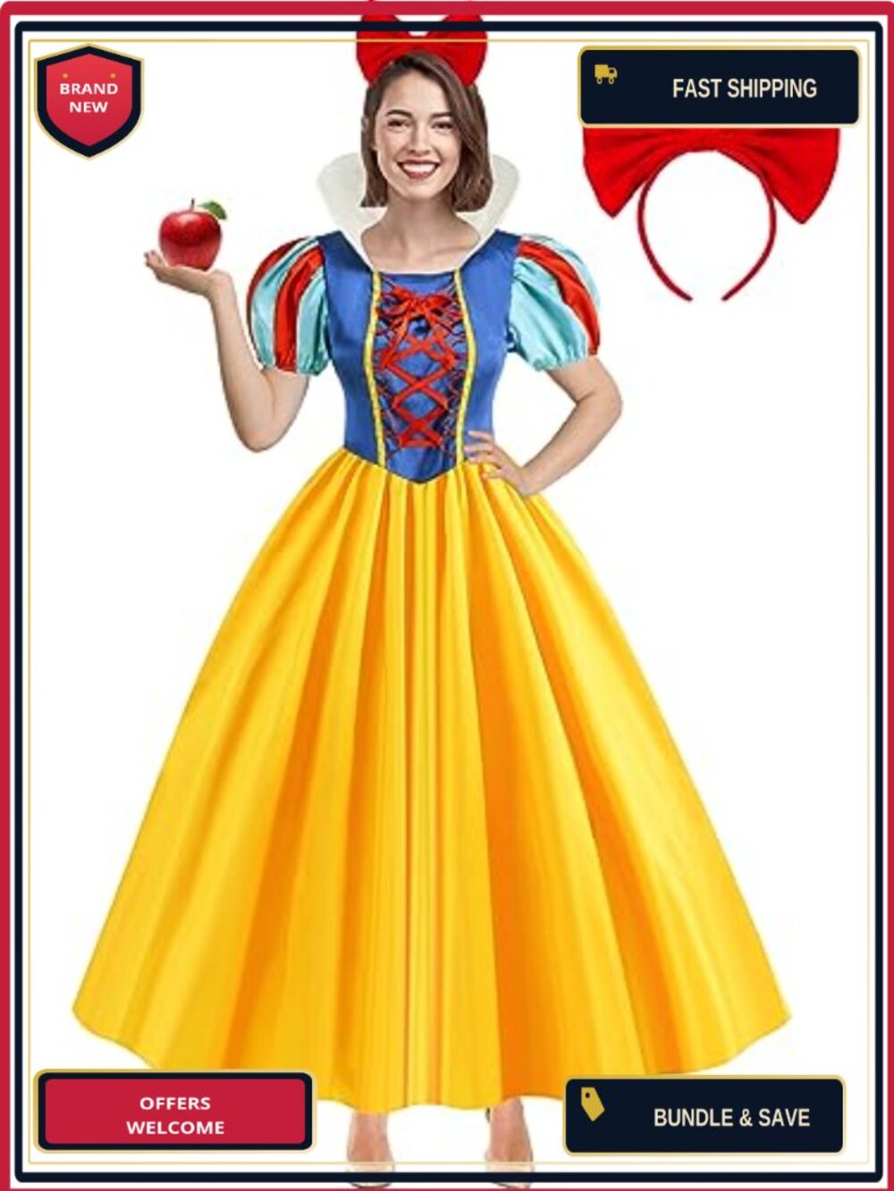 Womens Princess Costume Dress with Headband Halloween Cosplay Outfit